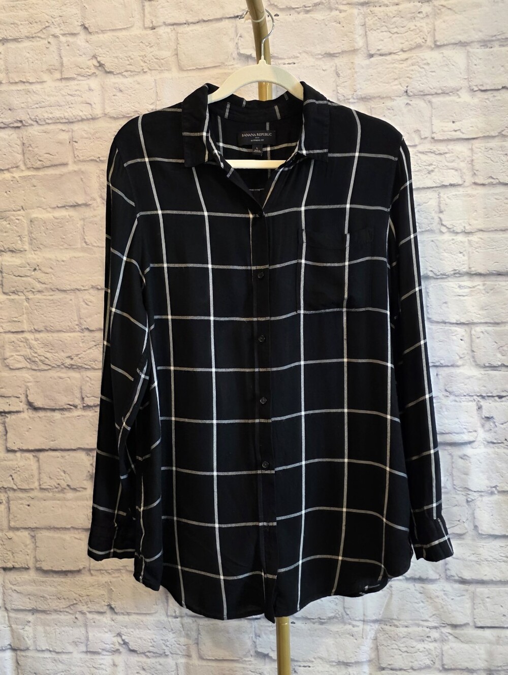 Banana Republic Black Windowpane Plaid Boyfriend Button Down Shirt Size L